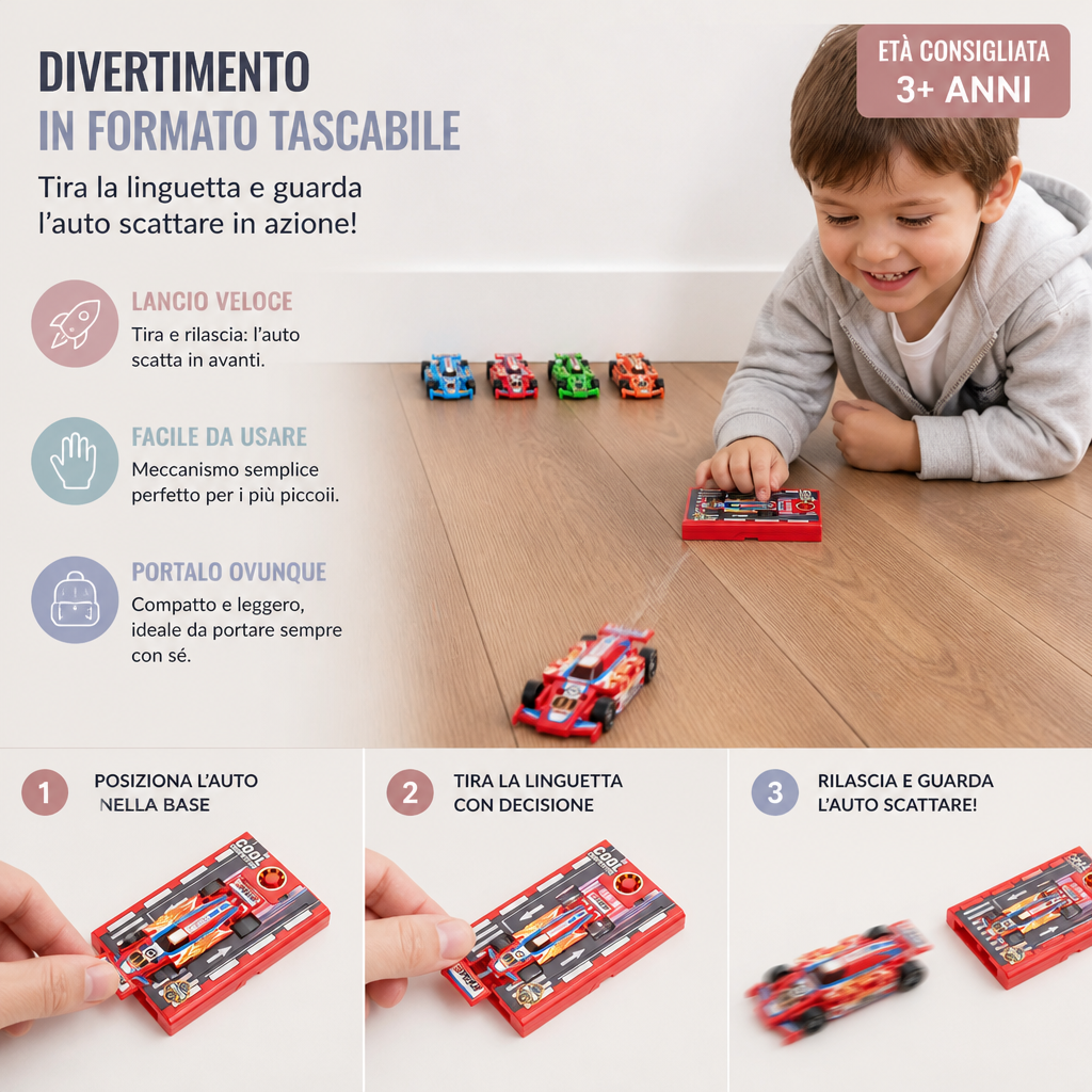 Giocattolo lancia auto da corsa tascabile