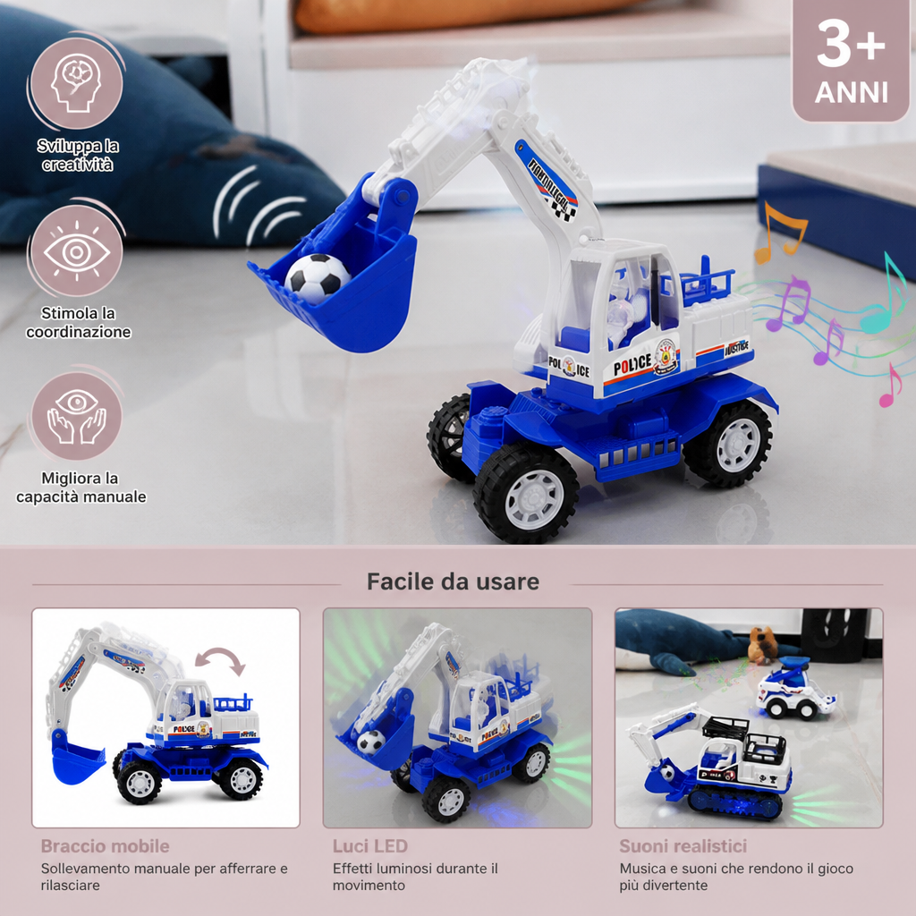 Escavatore giocattolo musicale con raccolta automatica dei palloni da calcio e luci LED