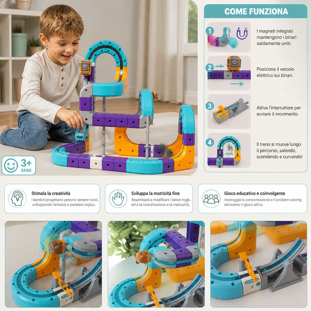 Kit di costruzione fai da te con pista a cubi gravitazionali e trenino elettrico