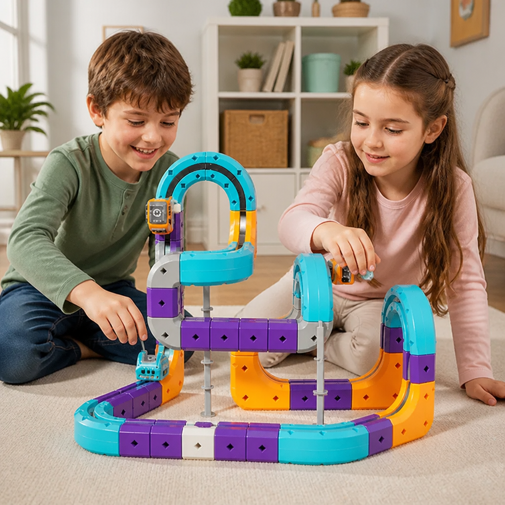 Kit di costruzione fai da te con pista a cubi gravitazionali e trenino elettrico