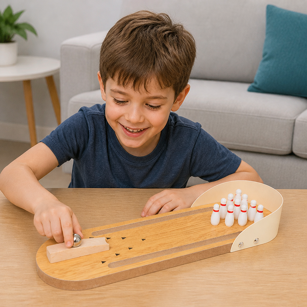 Mini Gioco di Bowling in Legno – Set da Bowling da Tavolo Portatile per Bambini