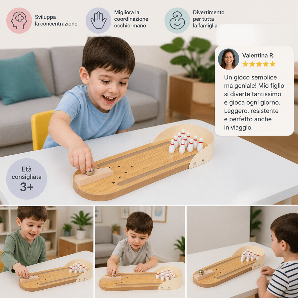 Mini Gioco di Bowling in Legno – Set da Bowling da Tavolo Portatile per Bambini