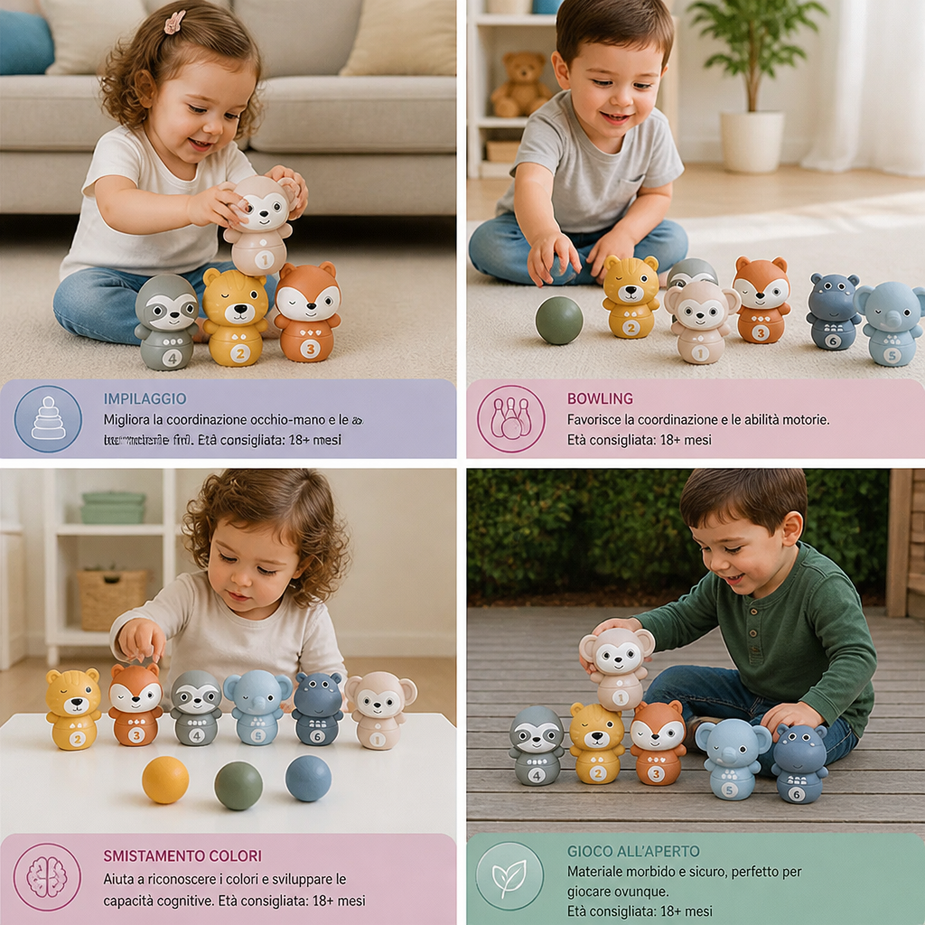 Gioco Montessori 6 in 1 di Bowling e Impilamento con Animali Morbidi in Gomma per Bambini