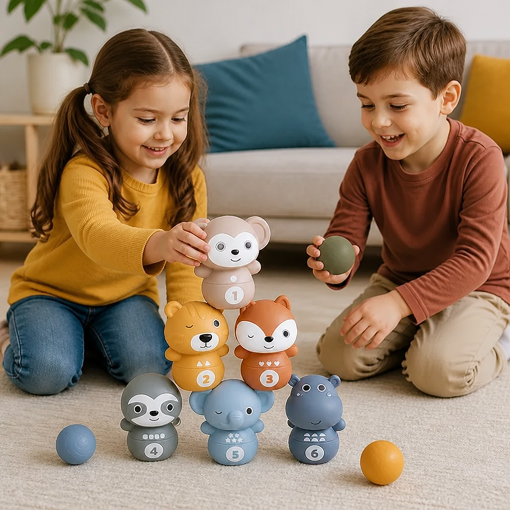 Gioco Montessori 6 in 1 di Bowling e Impilamento con Animali Morbidi in Gomma per Bambini