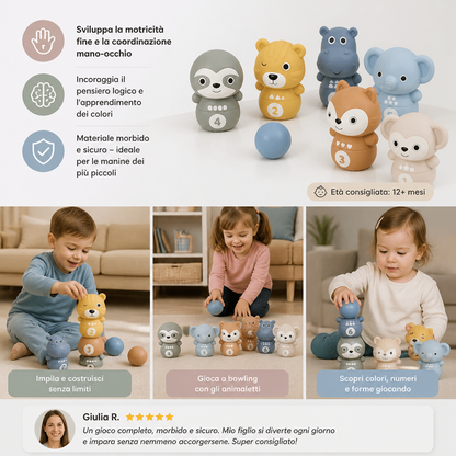 Gioco Montessori 6 in 1 di Bowling e Impilamento con Animali Morbidi in Gomma per Bambini