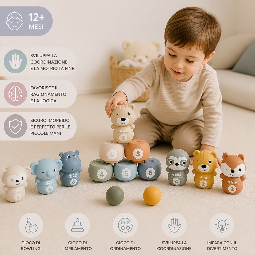 Gioco Montessori 6 in 1 di Bowling e Impilamento con Animali Morbidi in Gomma per Bambini