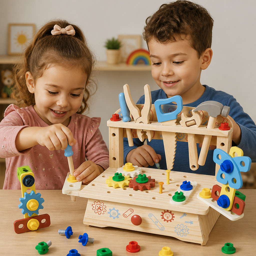 Banco da lavoro in legno per bambini con set di attrezzi – giocattolo educativo per costruzioni fai da te e sviluppo della motricità fine