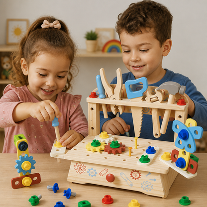Banco da lavoro in legno per bambini con set di attrezzi – giocattolo educativo per costruzioni fai da te e sviluppo della motricità fine