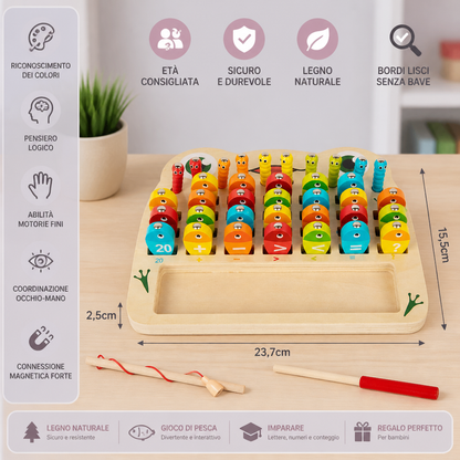 Gioco della pesca magnetica in legno – giocattolo educativo per bambini per imparare alfabeto e matematica e sviluppare la motricità fine