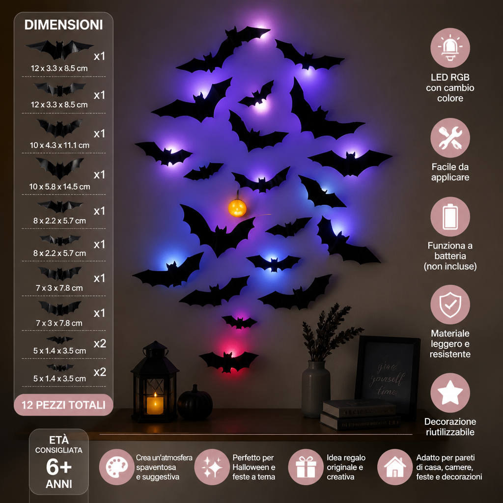 Decorazione da Parete 3D LED di Halloween a Forma di Pipistrello con Luci Cangianti