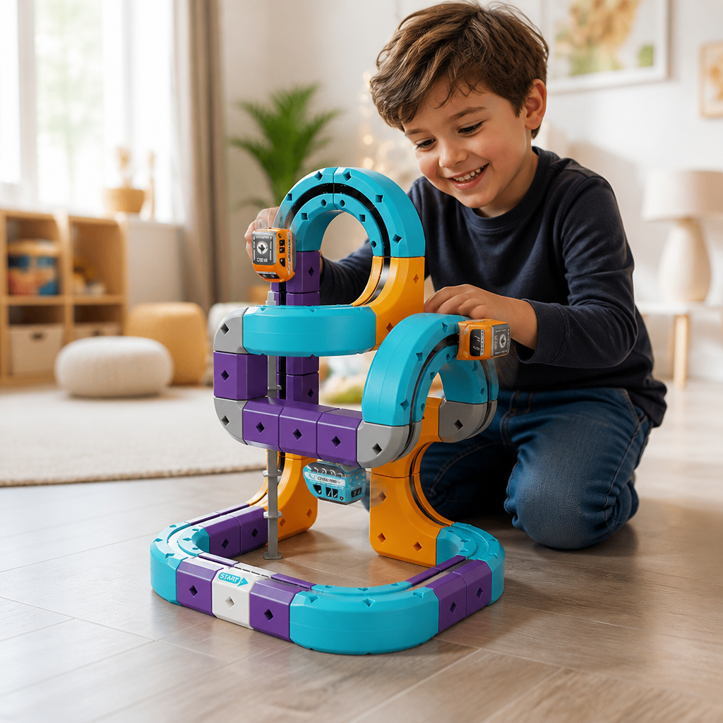 Kit di costruzione fai da te con pista a cubi gravitazionali e trenino elettrico