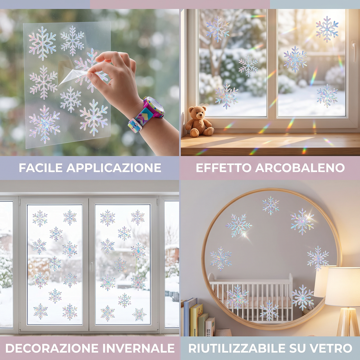 Adesivi per Finestre a Forma di Fiocco di Neve con Effetto Acchiappasole Riutilizzabili