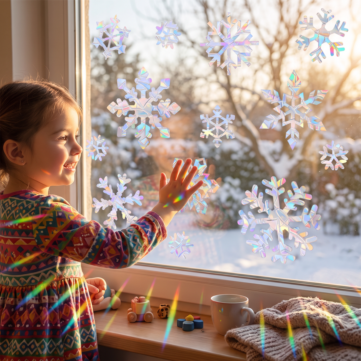Adesivi per Finestre a Forma di Fiocco di Neve con Effetto Acchiappasole Riutilizzabili