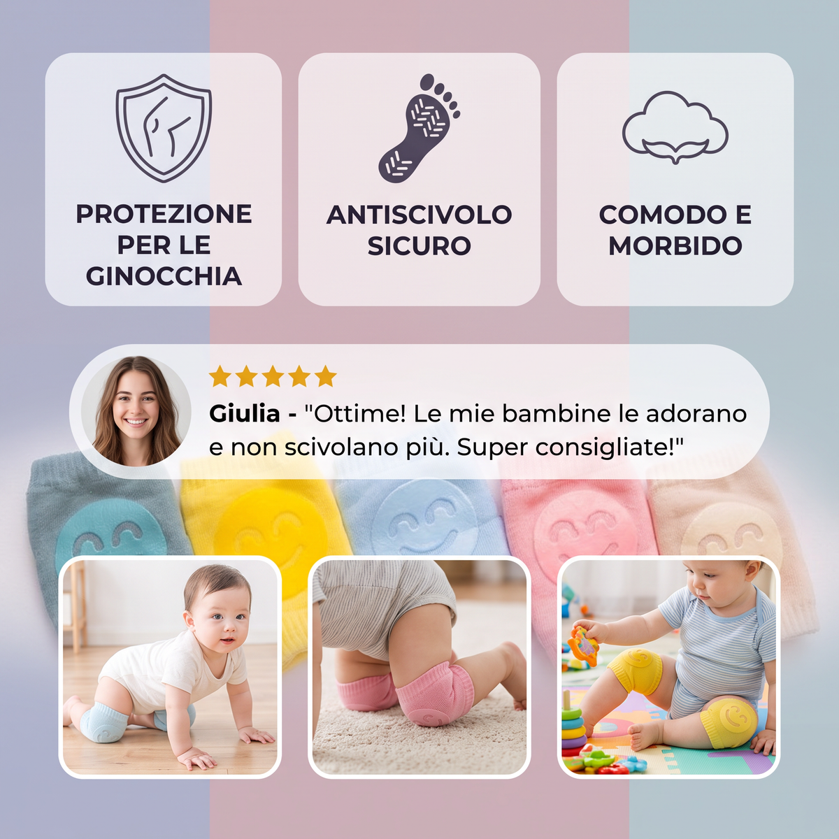 Ginocchiere per neonati – Protezione antiscivolo con faccine sorridenti