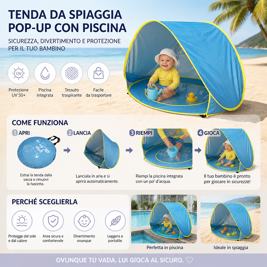 Pop-Up Baby Beach Tent con Piscina Integrata e Protezione UV – Ombrellone Portatile per Bambini