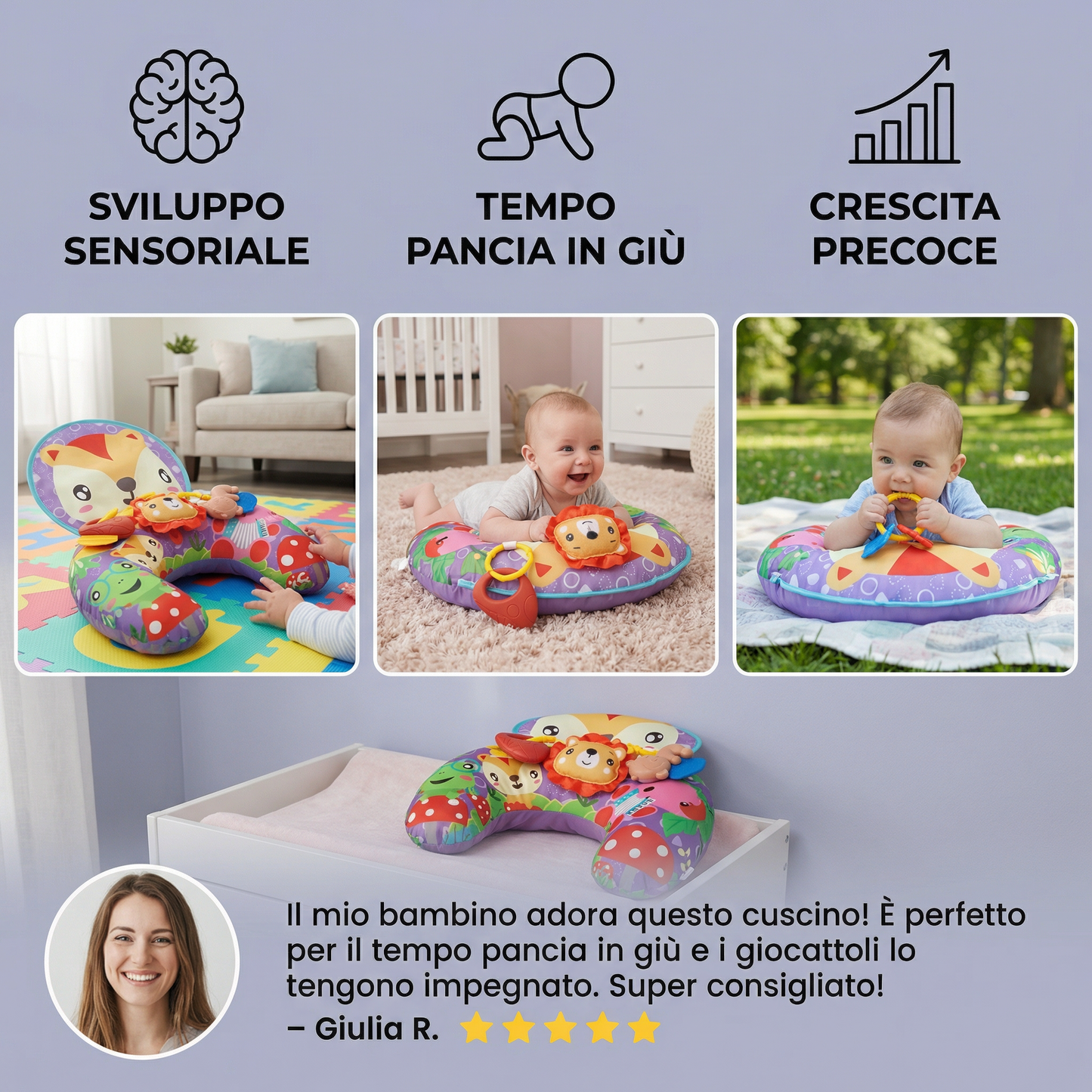 Cuscino da Allenamento per Neonati per il Tempo Pancia in Giù con Arco da Gioco – Supporta lo Sviluppo Sensoriale e la Crescita Precoce