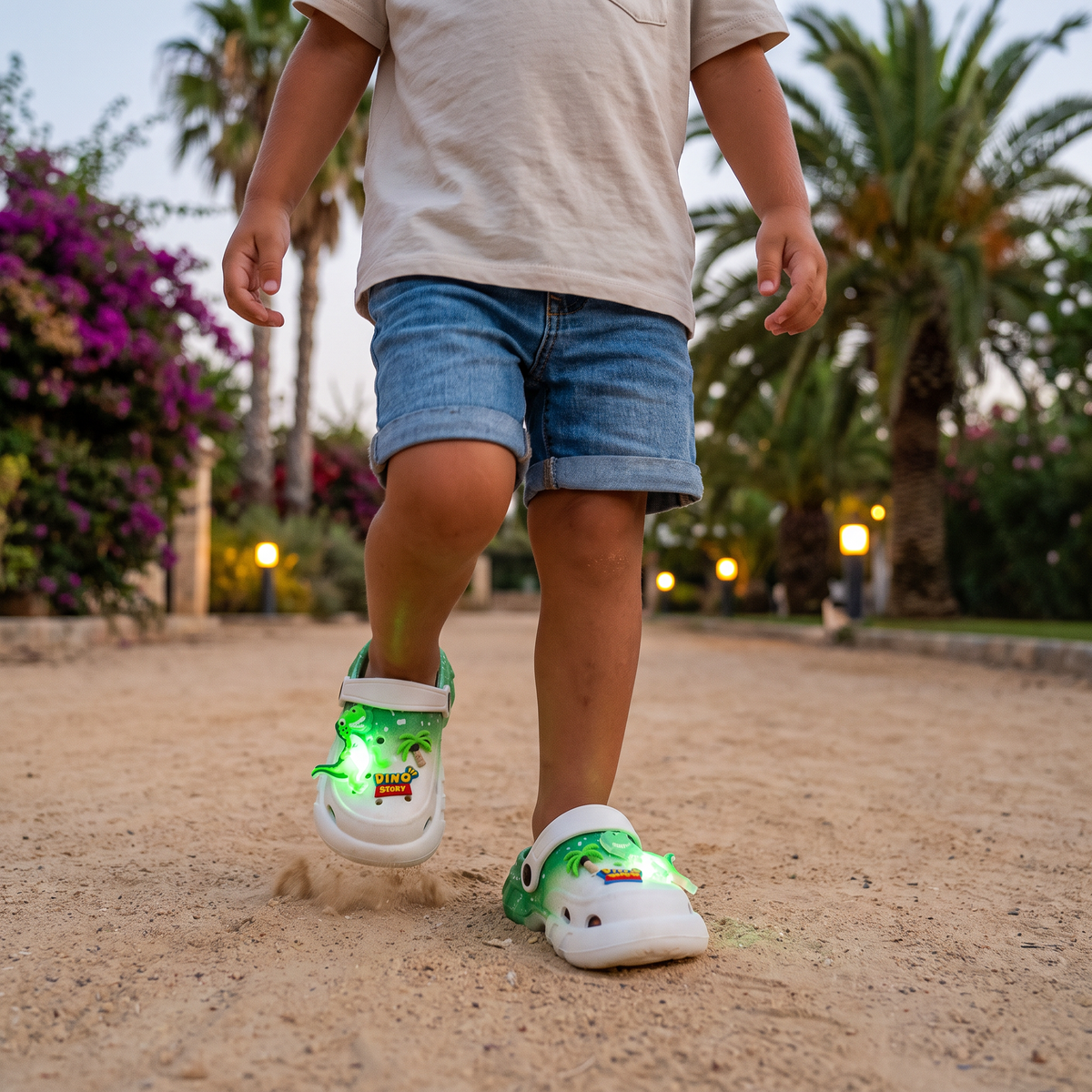 Zoccoli LED a forma di dinosauro per bambini – Scarpe estive e da spiaggia luminose e antiscivolo per giardino e mare