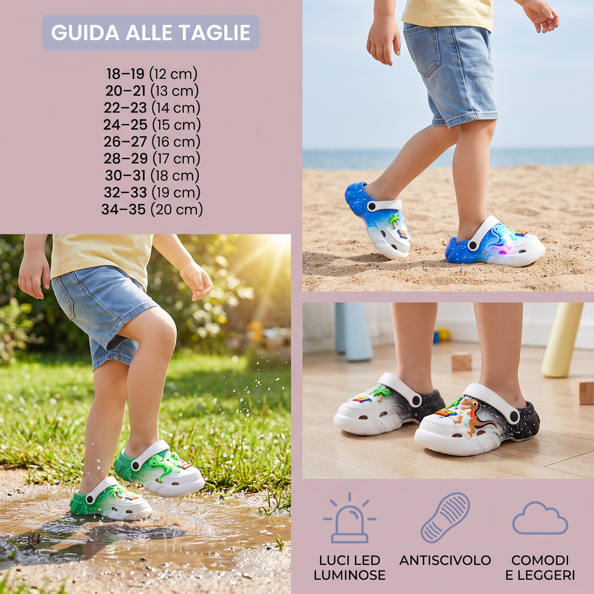 Zoccoli LED a forma di dinosauro per bambini – Scarpe estive e da spiaggia luminose e antiscivolo per giardino e mare