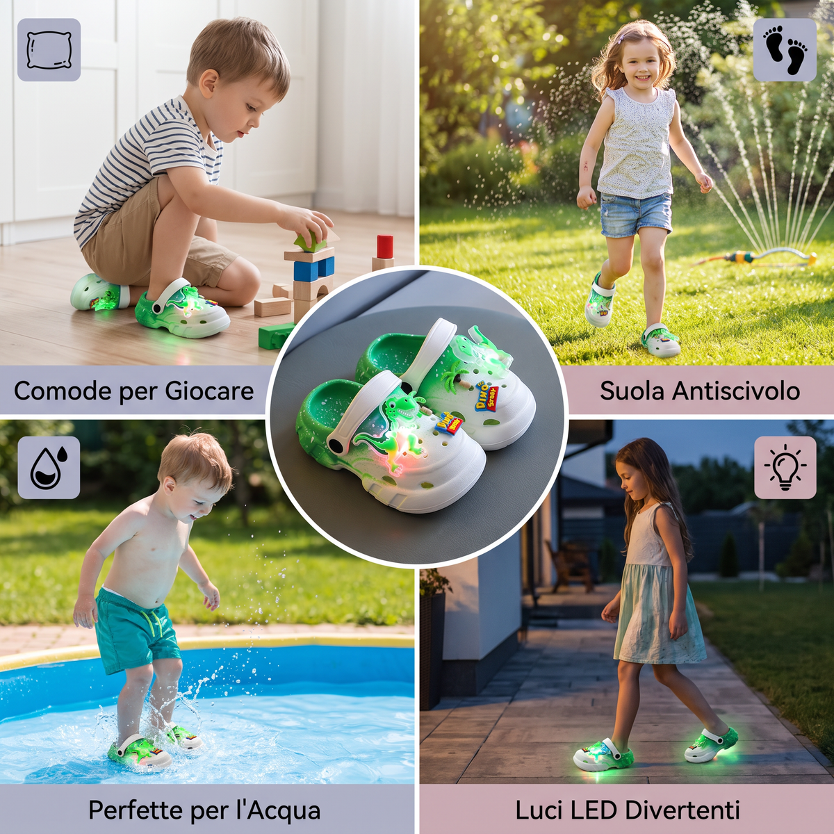 Zoccoli LED a forma di dinosauro per bambini – Scarpe estive e da spiaggia luminose e antiscivolo per giardino e mare