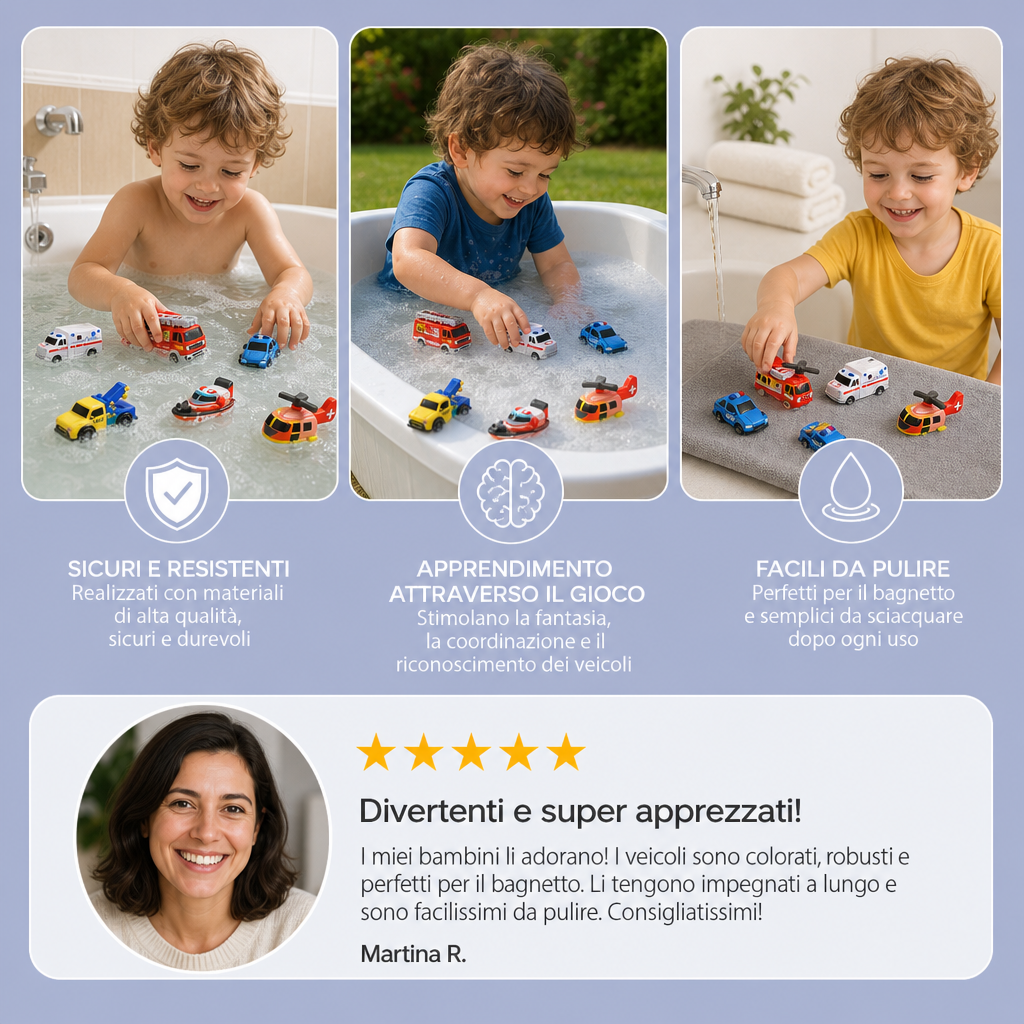 Set da 6 Giocattoli da Bagno con Veicoli di Emergenza che Cambiano Colore per Neonati e Bambini Piccoli