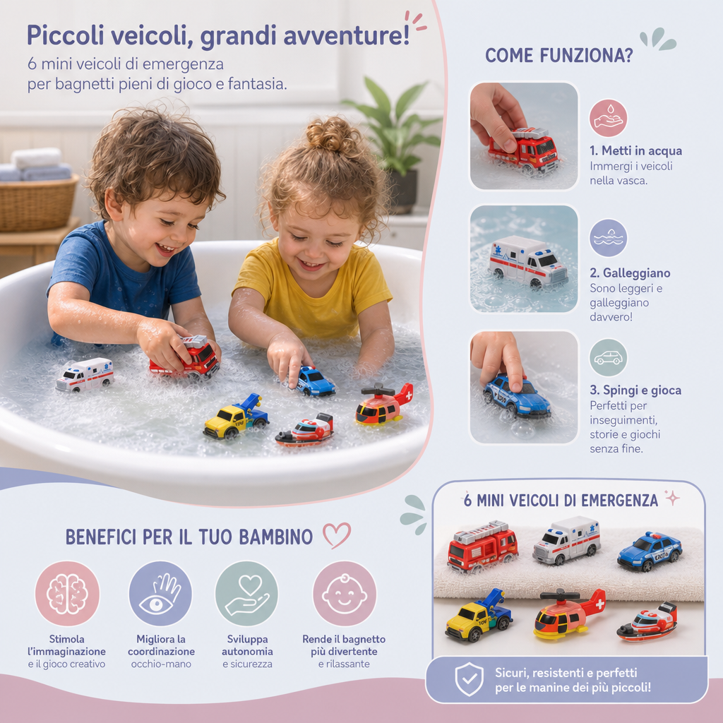 Set da 6 Giocattoli da Bagno con Veicoli di Emergenza che Cambiano Colore per Neonati e Bambini Piccoli
