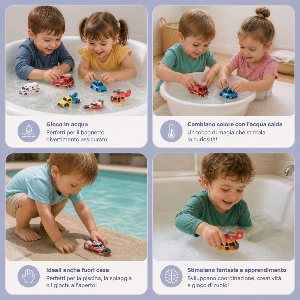 Set da 6 Giocattoli da Bagno con Veicoli di Emergenza che Cambiano Colore per Neonati e Bambini Piccoli