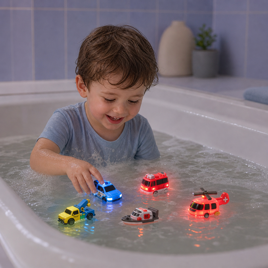 Set da 6 Giocattoli da Bagno con Veicoli di Emergenza che Cambiano Colore per Neonati e Bambini Piccoli