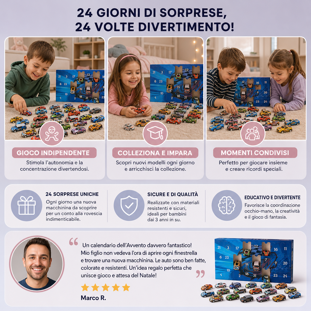 Calendario dell’Avvento di 24 Giorni con Auto da Corsa Giocattolo a Sorpresa