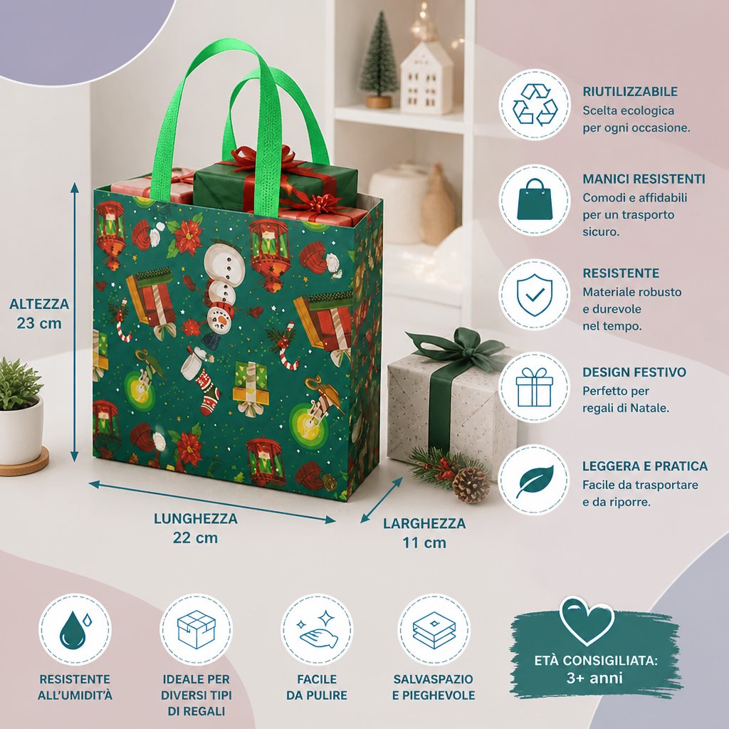 Sacchetti Regalo Natalizi Riutilizzabili con Manici – Vari Design Festivi