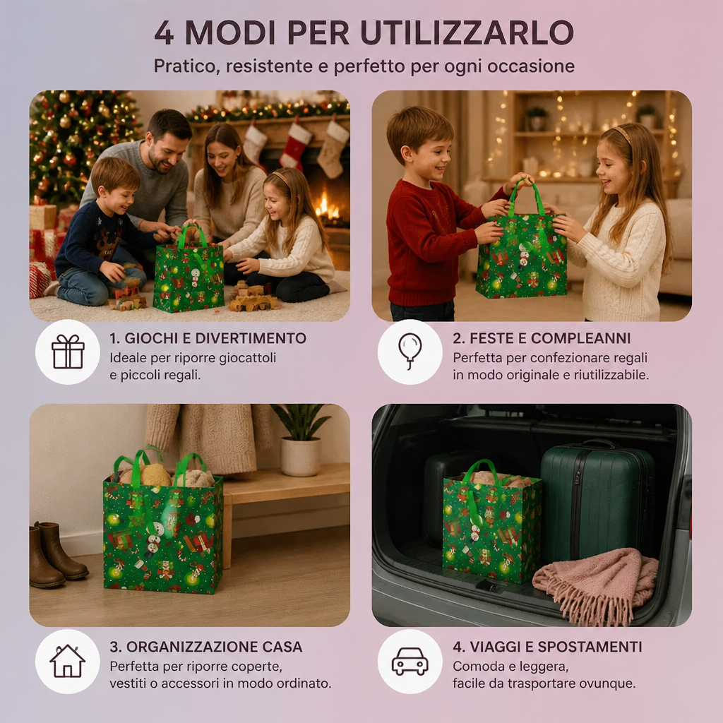 Sacchetti Regalo Natalizi Riutilizzabili con Manici – Vari Design Festivi