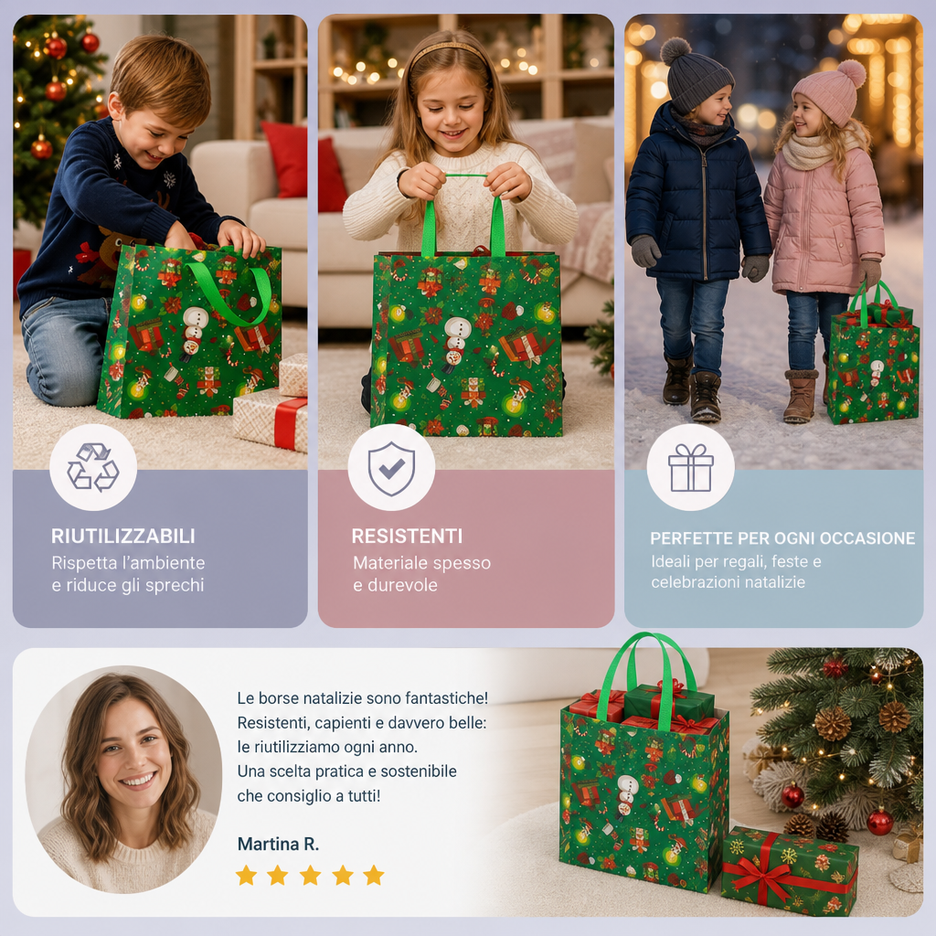 Sacchetti Regalo Natalizi Riutilizzabili con Manici – Vari Design Festivi