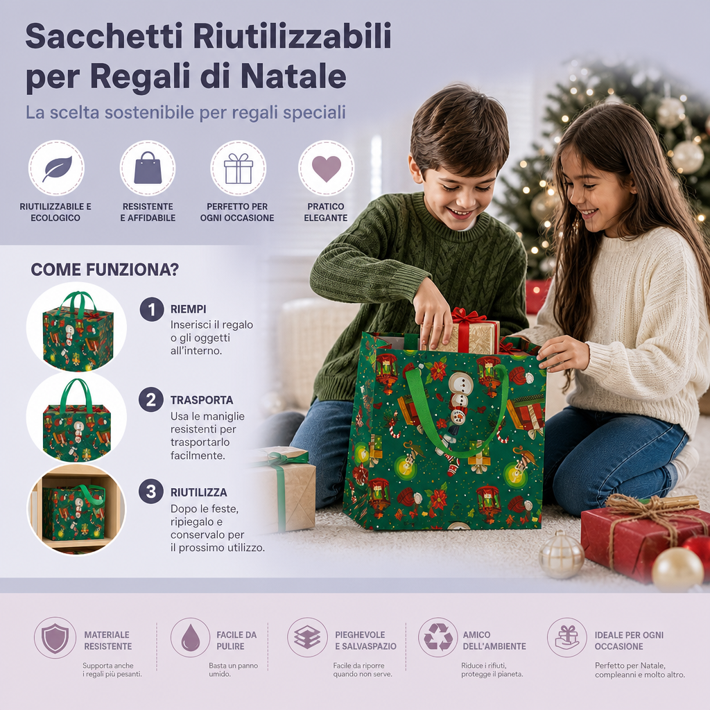 Sacchetti Regalo Natalizi Riutilizzabili con Manici – Vari Design Festivi