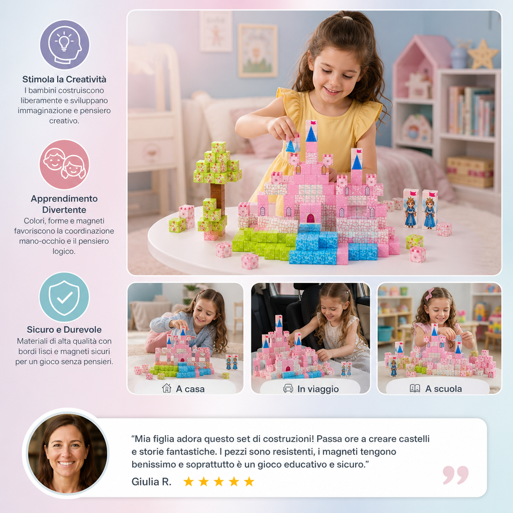 Set di Blocchi Magnetici da Costruzione Montessori Castello da Sogno della Principessa