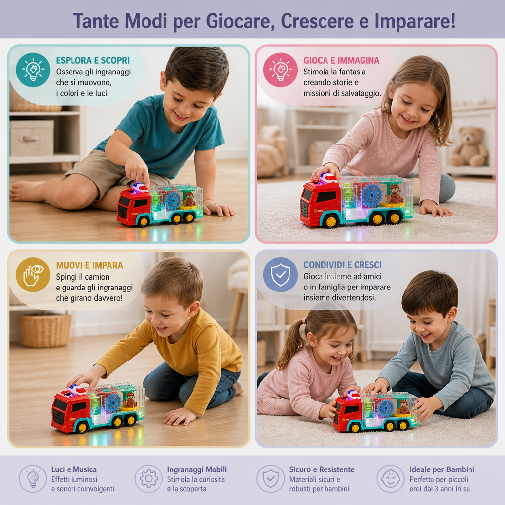 Giocattolo Interattivo Camion dei Pompieri con Ingranaggi Colorati e Mobili