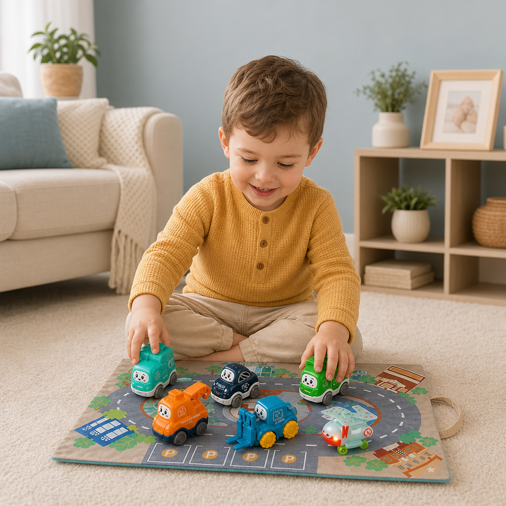 Set di camion e auto giocattolo per bambini piccoli con tappetino da gioco e borsa portaoggetti