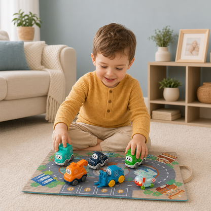 Set di camion e auto giocattolo per bambini piccoli con tappetino da gioco e borsa portaoggetti