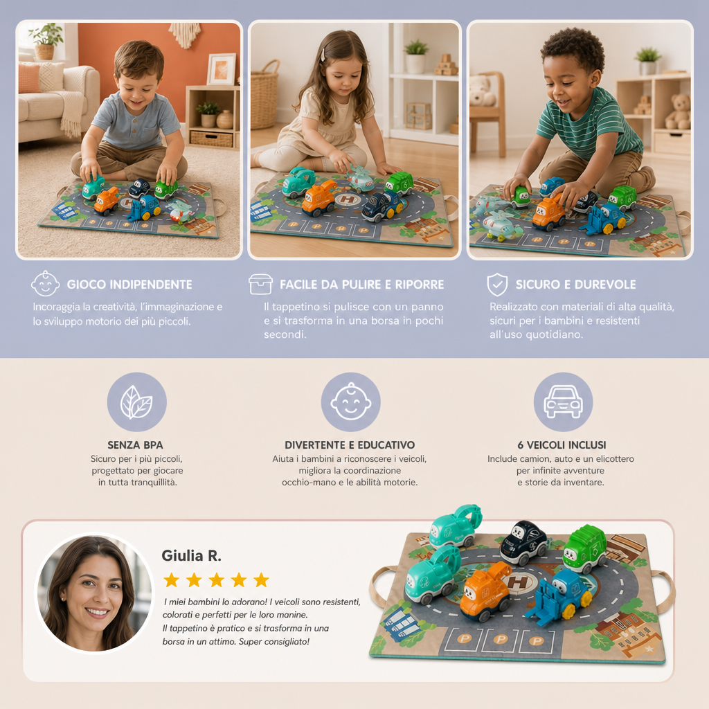 Set di camion e auto giocattolo per bambini piccoli con tappetino da gioco e borsa portaoggetti