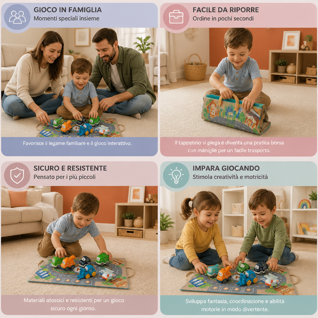 Set di camion e auto giocattolo per bambini piccoli con tappetino da gioco e borsa portaoggetti
