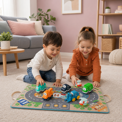 Set di camion e auto giocattolo per bambini piccoli con tappetino da gioco e borsa portaoggetti