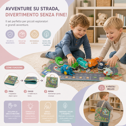 Set di camion e auto giocattolo per bambini piccoli con tappetino da gioco e borsa portaoggetti