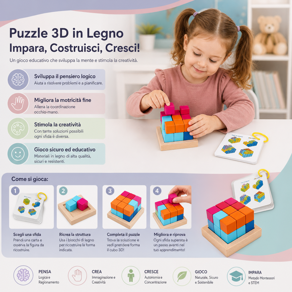 Blocchi Puzzle in Legno 3D Montessori – Geometria Colorata e Gioco STEM per Allenare la Mente