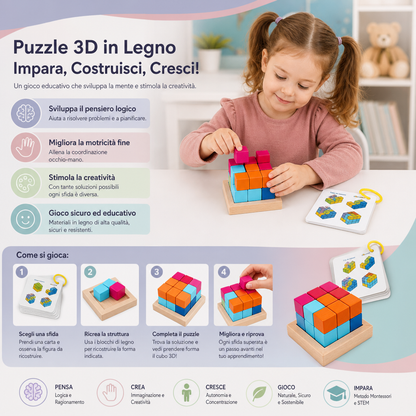 Blocchi Puzzle in Legno 3D Montessori – Geometria Colorata e Gioco STEM per Allenare la Mente