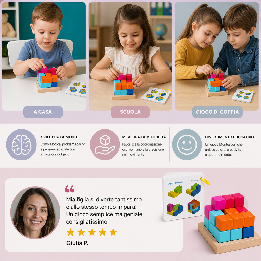 Blocchi Puzzle in Legno 3D Montessori – Geometria Colorata e Gioco STEM per Allenare la Mente