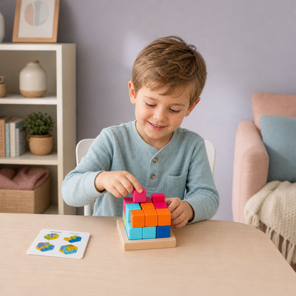 Blocchi Puzzle in Legno 3D Montessori – Geometria Colorata e Gioco STEM per Allenare la Mente