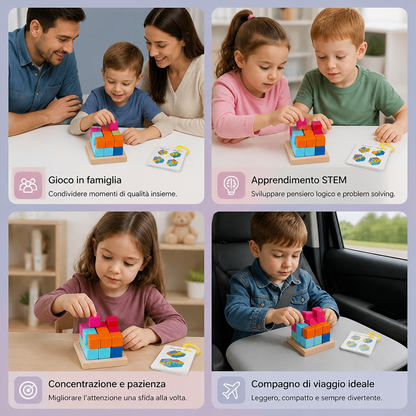 Blocchi Puzzle in Legno 3D Montessori – Geometria Colorata e Gioco STEM per Allenare la Mente