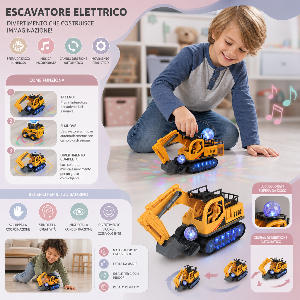 Escavatore Giocattolo Elettrico Con Sfera Da Discoteca, Musica E Funzione Cambia Direzione Automatica