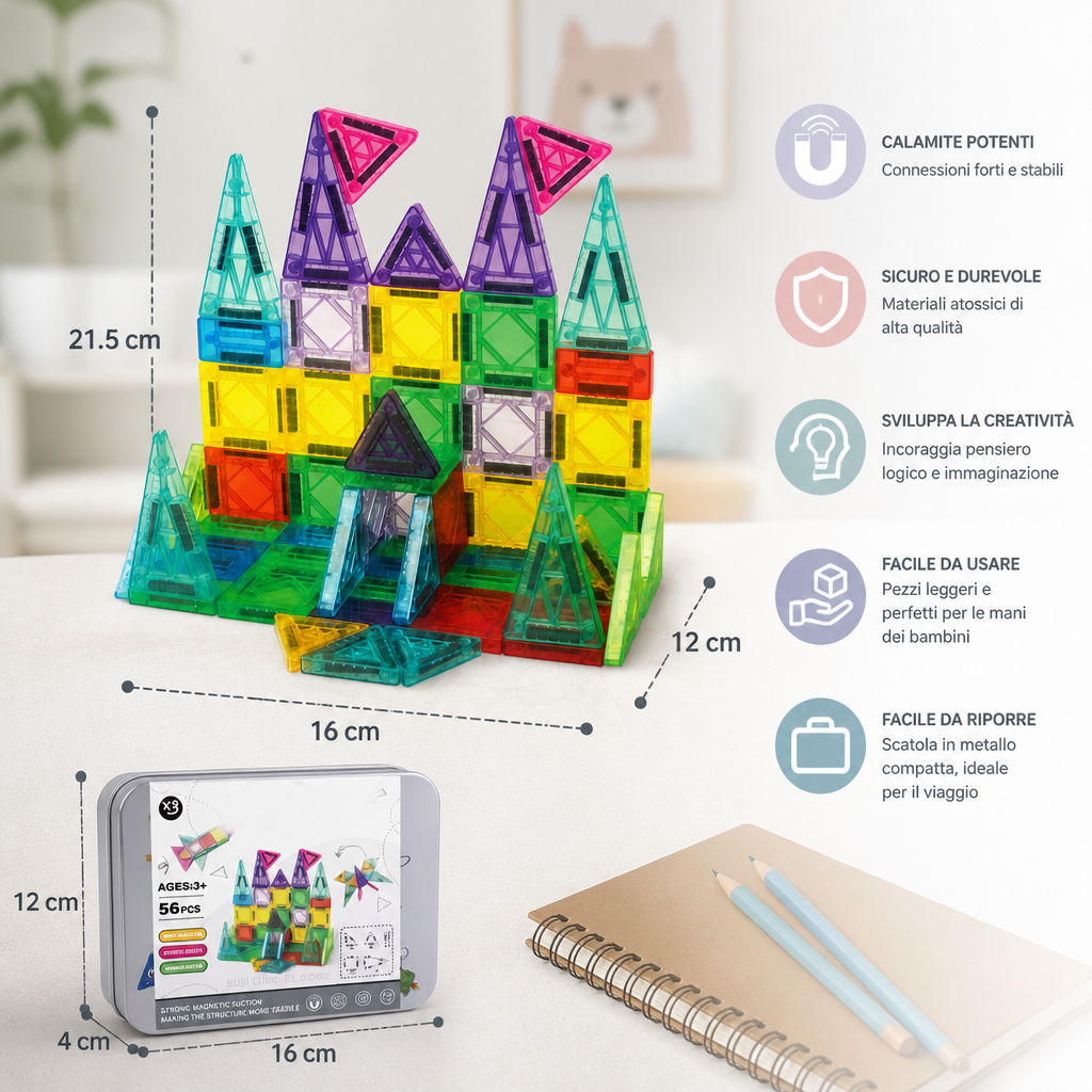 Set di Costruzioni Magnetiche per Bambini – Scatola Metallica Portaoggetti da Viaggio