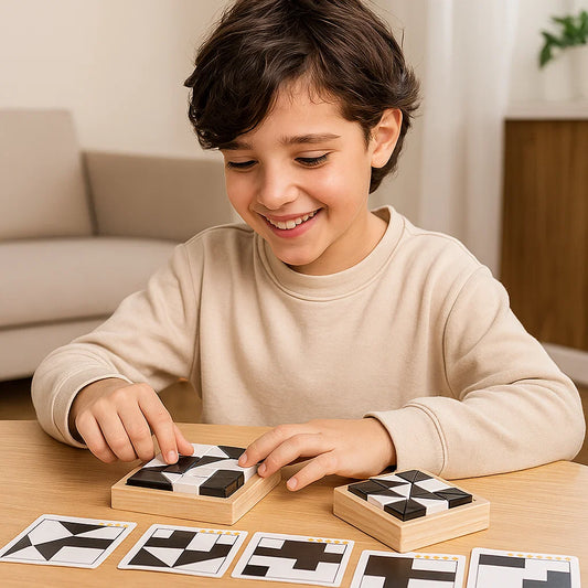 Gioco Puzzle di Blocchi da Battaglia in Legno ⎜ Giocattolo Educativo di Logica per Bambini con Carte e Tavola da Gioco