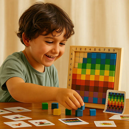 Gioco puzzle Pixel in legno per bambini | Blocchi di selezione dei colori con griglia per la logica e la corrispondenza dei modelli