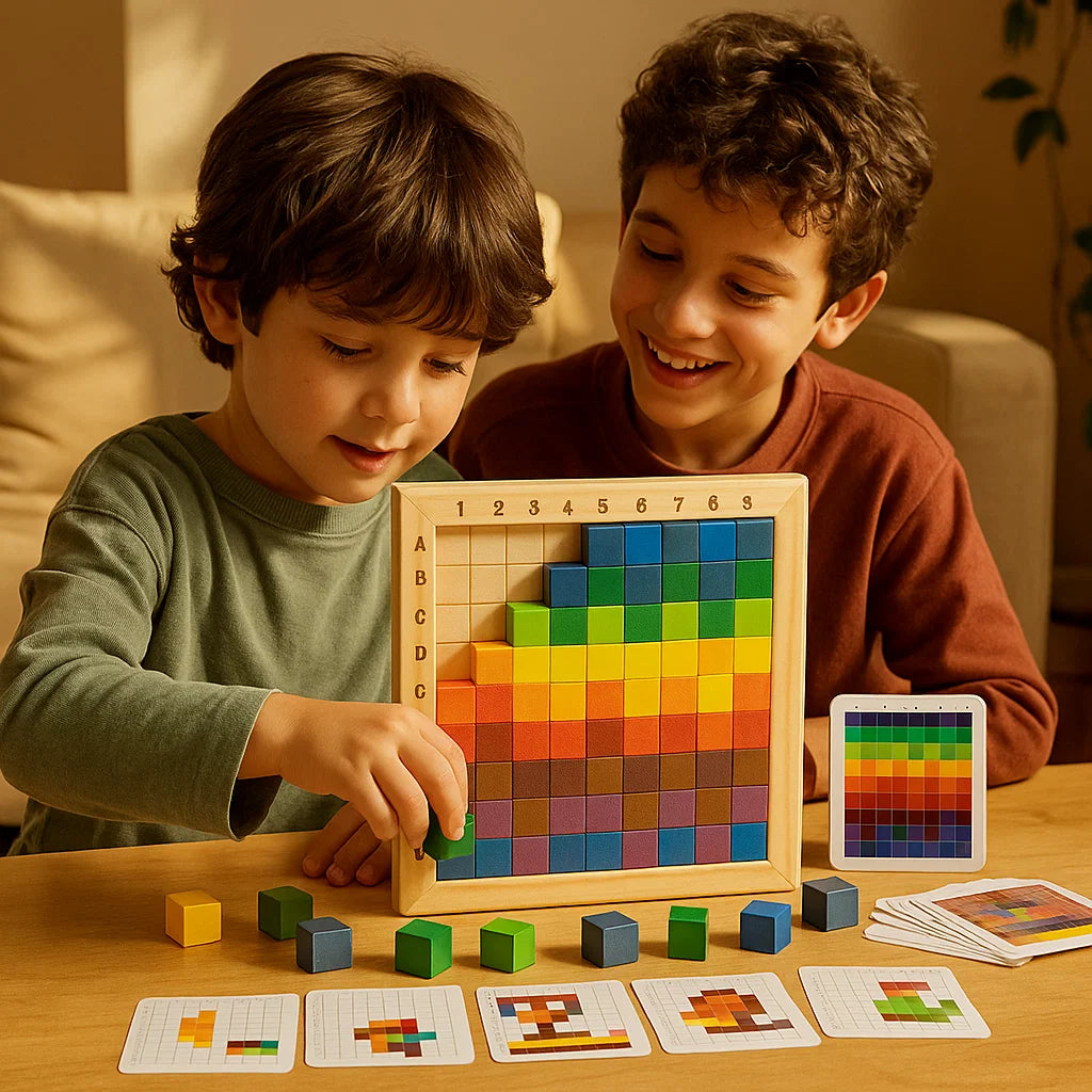 Gioco puzzle Pixel in legno per bambini | Blocchi di selezione dei colori con griglia per la logica e la corrispondenza dei modelli